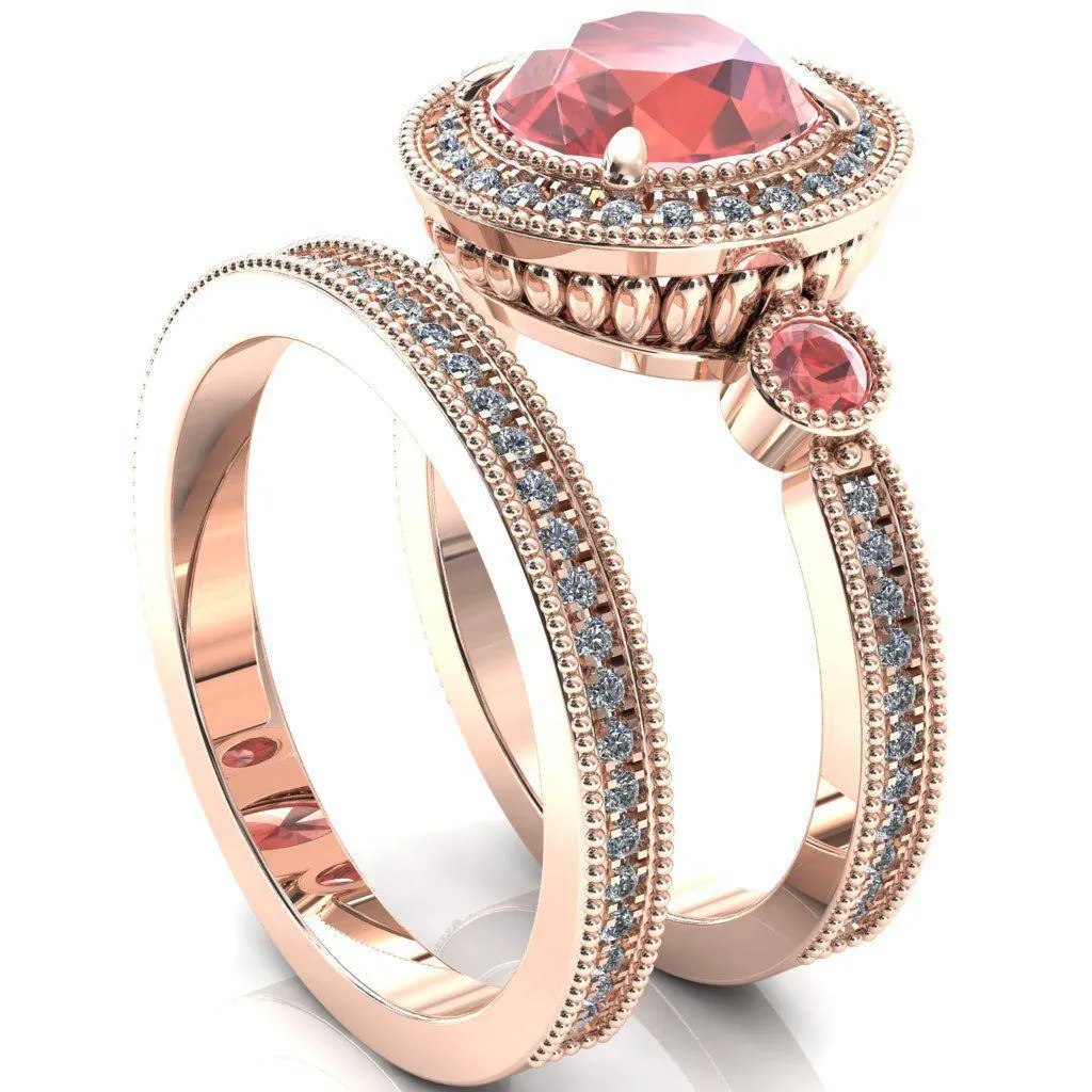 Brachium Round Padparadscha Sapphire Bezel Milgrain Halo 3/4 Eternity Accent Diamond Ring