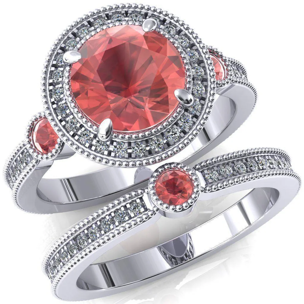 Brachium Round Padparadscha Sapphire Bezel Milgrain Halo 3/4 Eternity Accent Diamond Ring