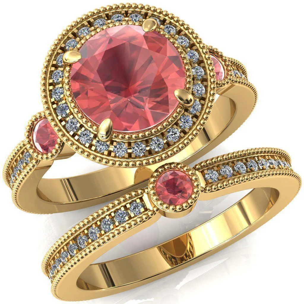 Brachium Round Padparadscha Sapphire Bezel Milgrain Halo 3/4 Eternity Accent Diamond Ring