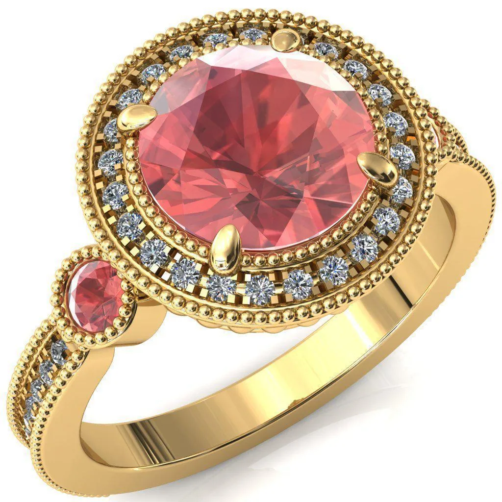 Brachium Round Padparadscha Sapphire Bezel Milgrain Halo 3/4 Eternity Accent Diamond Ring