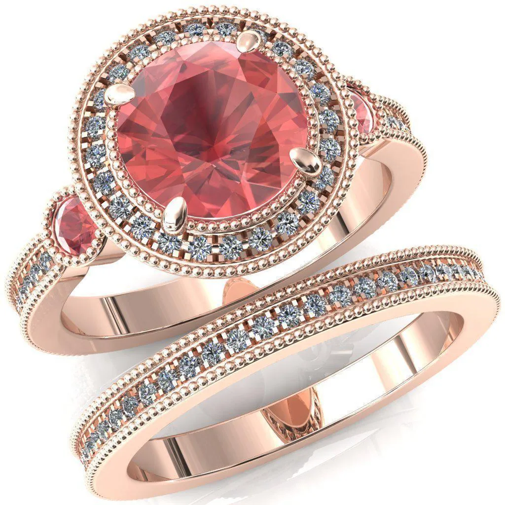 Brachium Round Padparadscha Sapphire Bezel Milgrain Halo 3/4 Eternity Accent Diamond Ring
