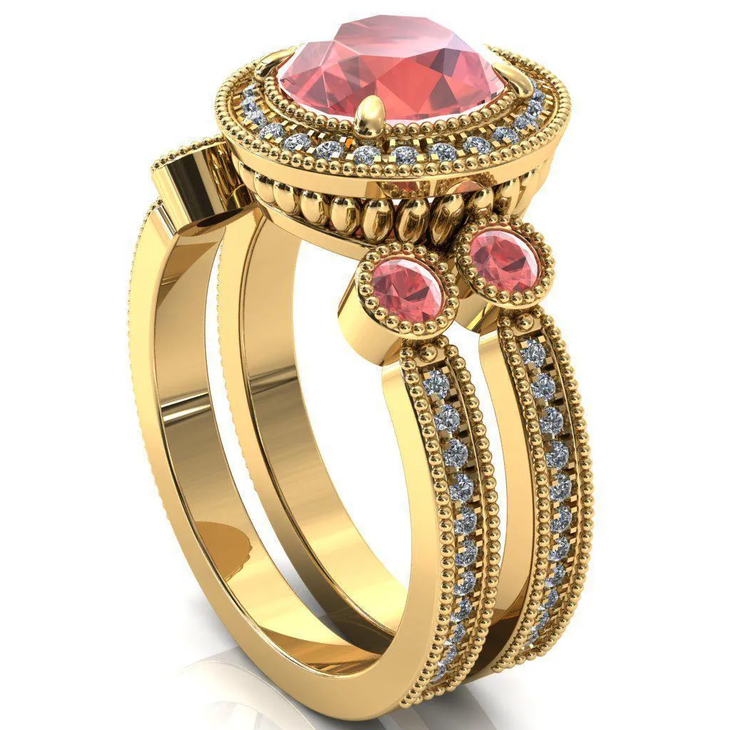 Brachium Round Padparadscha Sapphire Bezel Milgrain Halo 3/4 Eternity Accent Diamond Ring