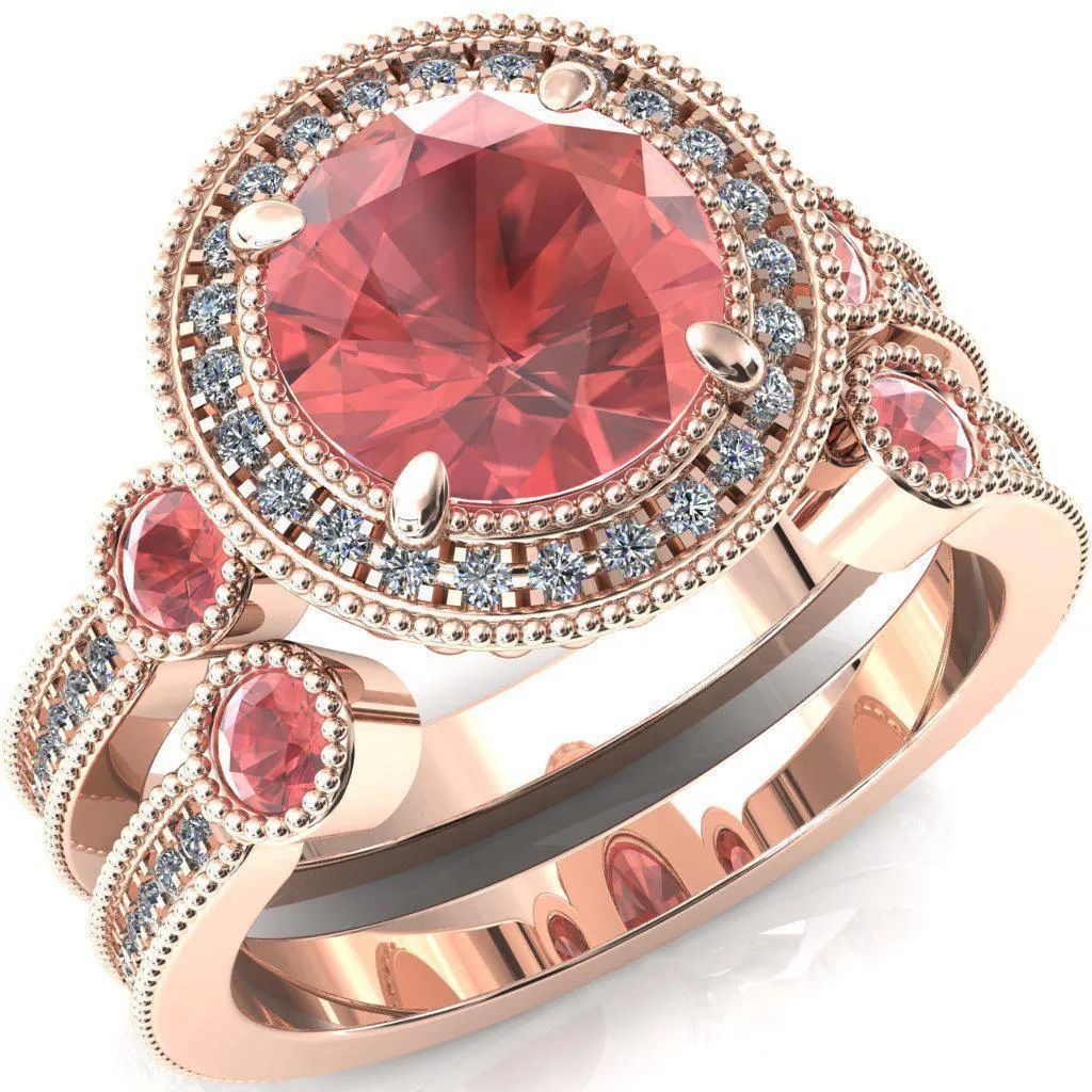 Brachium Round Padparadscha Sapphire Bezel Milgrain Halo 3/4 Eternity Accent Diamond Ring