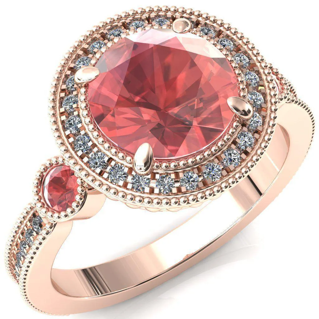 Brachium Round Padparadscha Sapphire Bezel Milgrain Halo 3/4 Eternity Accent Diamond Ring