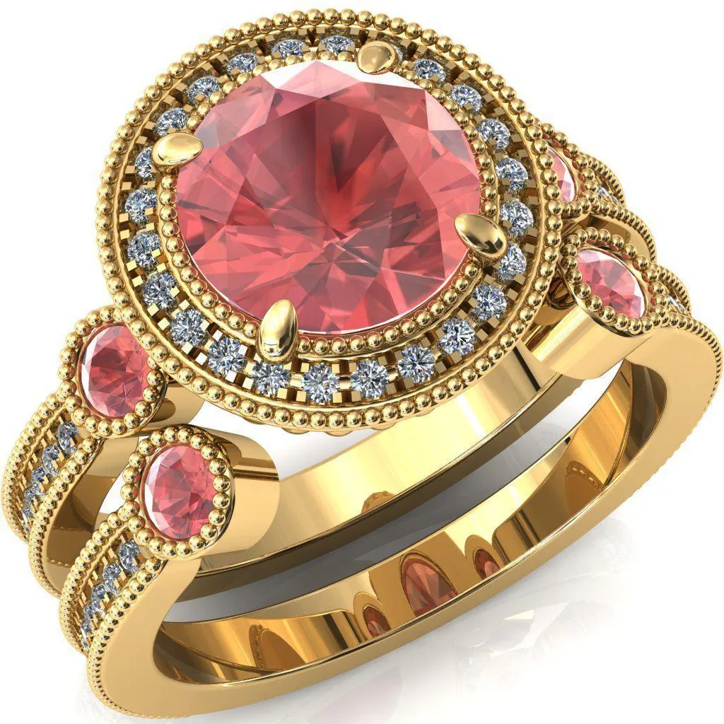 Brachium Round Padparadscha Sapphire Bezel Milgrain Halo 3/4 Eternity Accent Diamond Ring