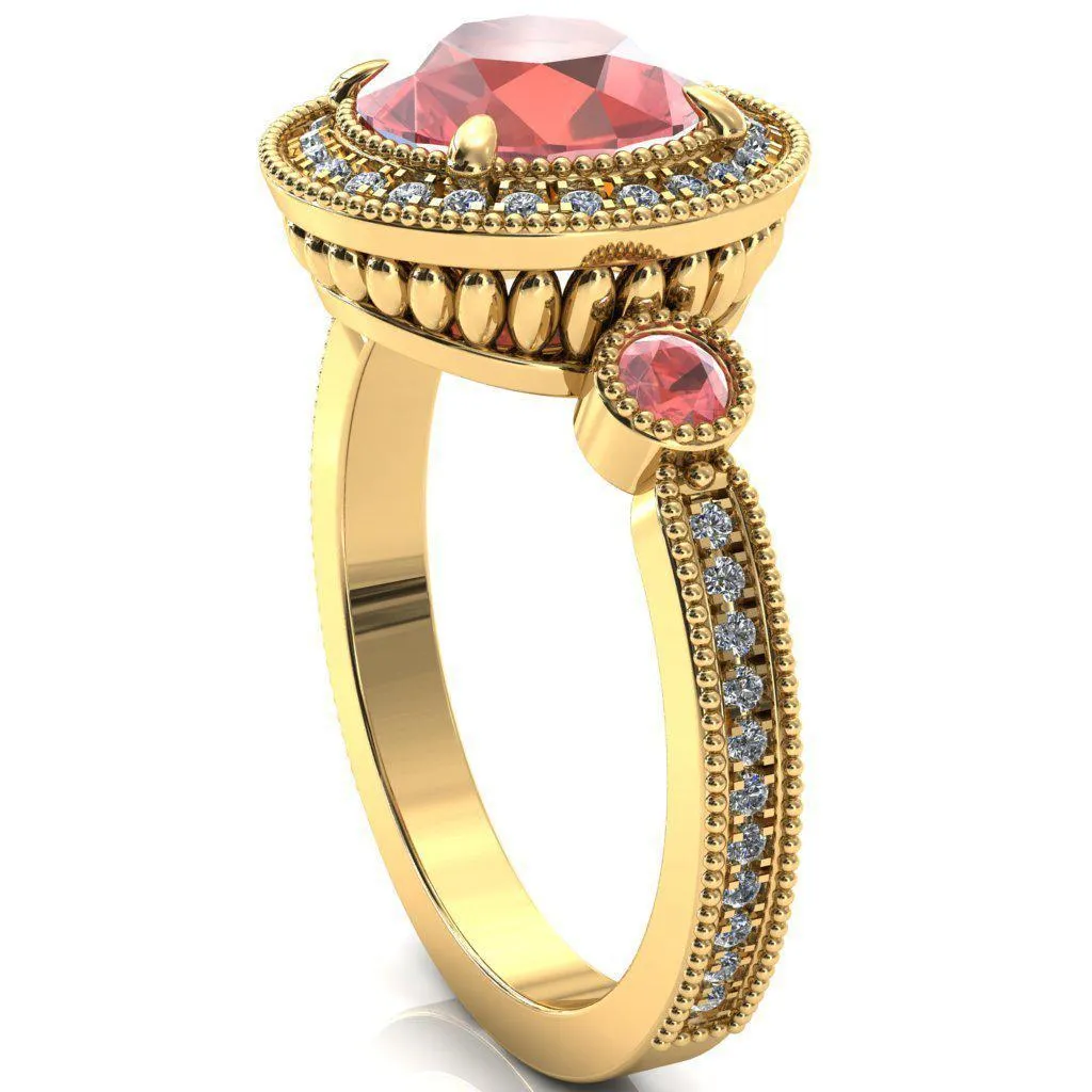 Brachium Round Padparadscha Sapphire Bezel Milgrain Halo 3/4 Eternity Accent Diamond Ring
