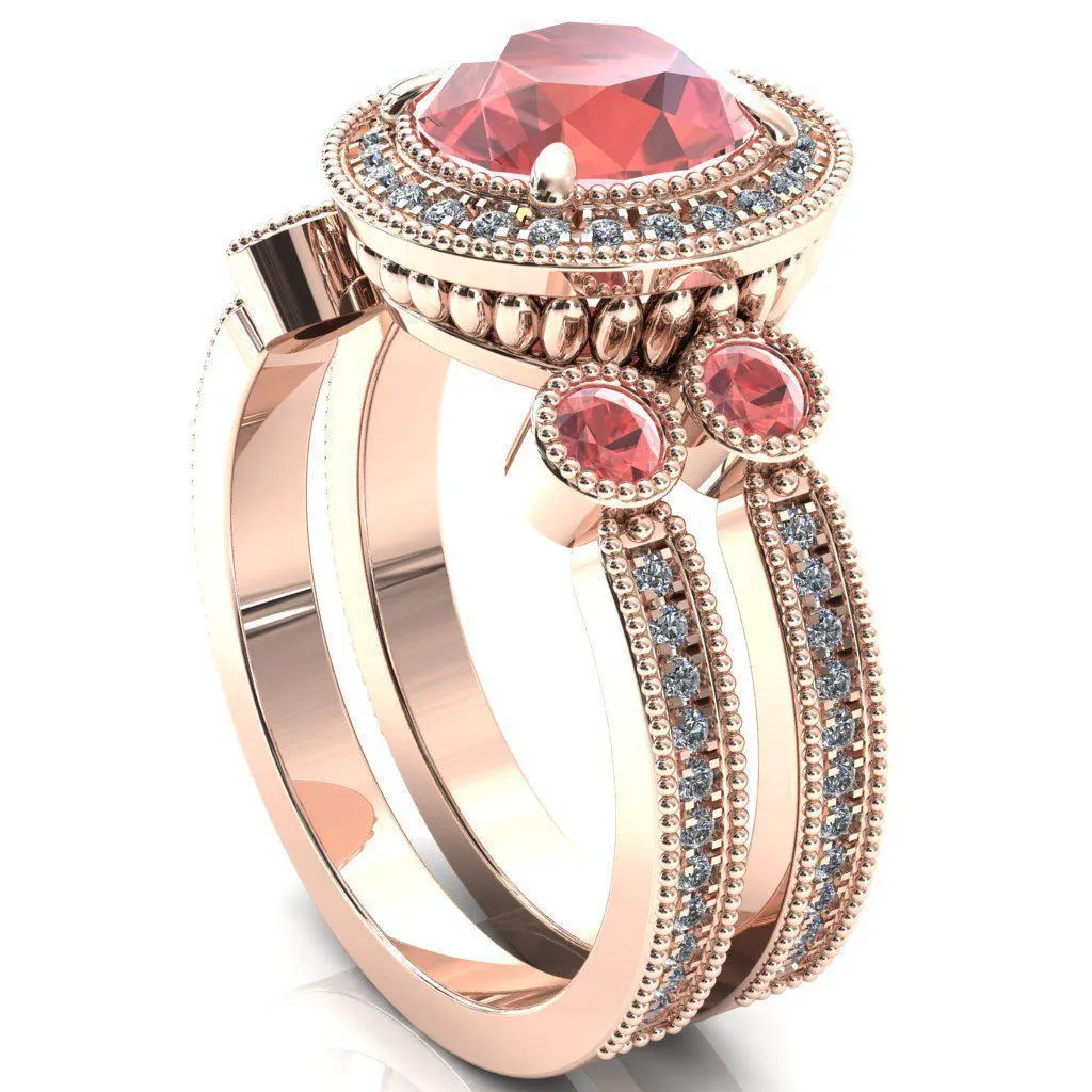 Brachium Round Padparadscha Sapphire Bezel Milgrain Halo 3/4 Eternity Accent Diamond Ring