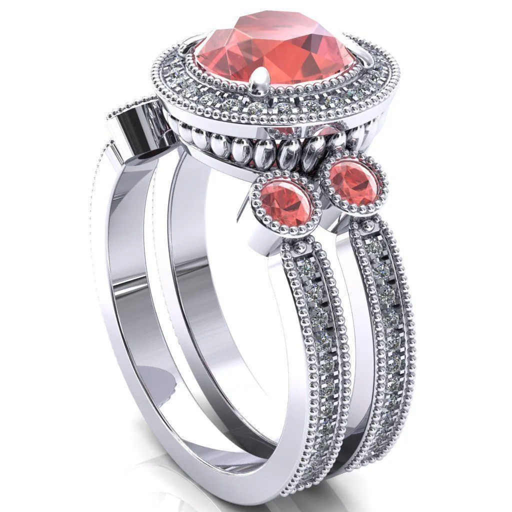 Brachium Round Padparadscha Sapphire Bezel Milgrain Halo 3/4 Eternity Accent Diamond Ring