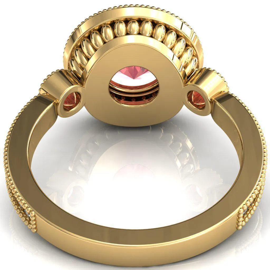 Brachium Round Padparadscha Sapphire Bezel Milgrain Halo 3/4 Eternity Accent Diamond Ring