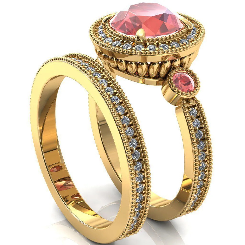 Brachium Round Padparadscha Sapphire Bezel Milgrain Halo 3/4 Eternity Accent Diamond Ring