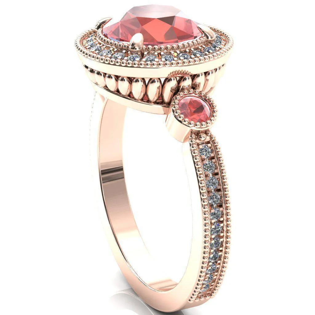 Brachium Round Padparadscha Sapphire Bezel Milgrain Halo 3/4 Eternity Accent Diamond Ring