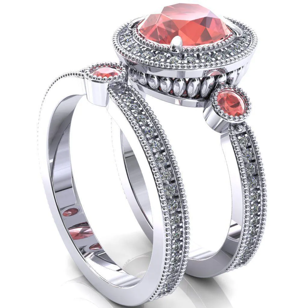 Brachium Round Padparadscha Sapphire Bezel Milgrain Halo 3/4 Eternity Accent Diamond Ring