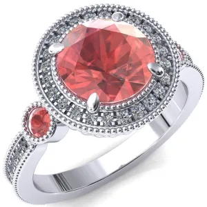 Brachium Round Padparadscha Sapphire Bezel Milgrain Halo 3/4 Eternity Accent Diamond Ring