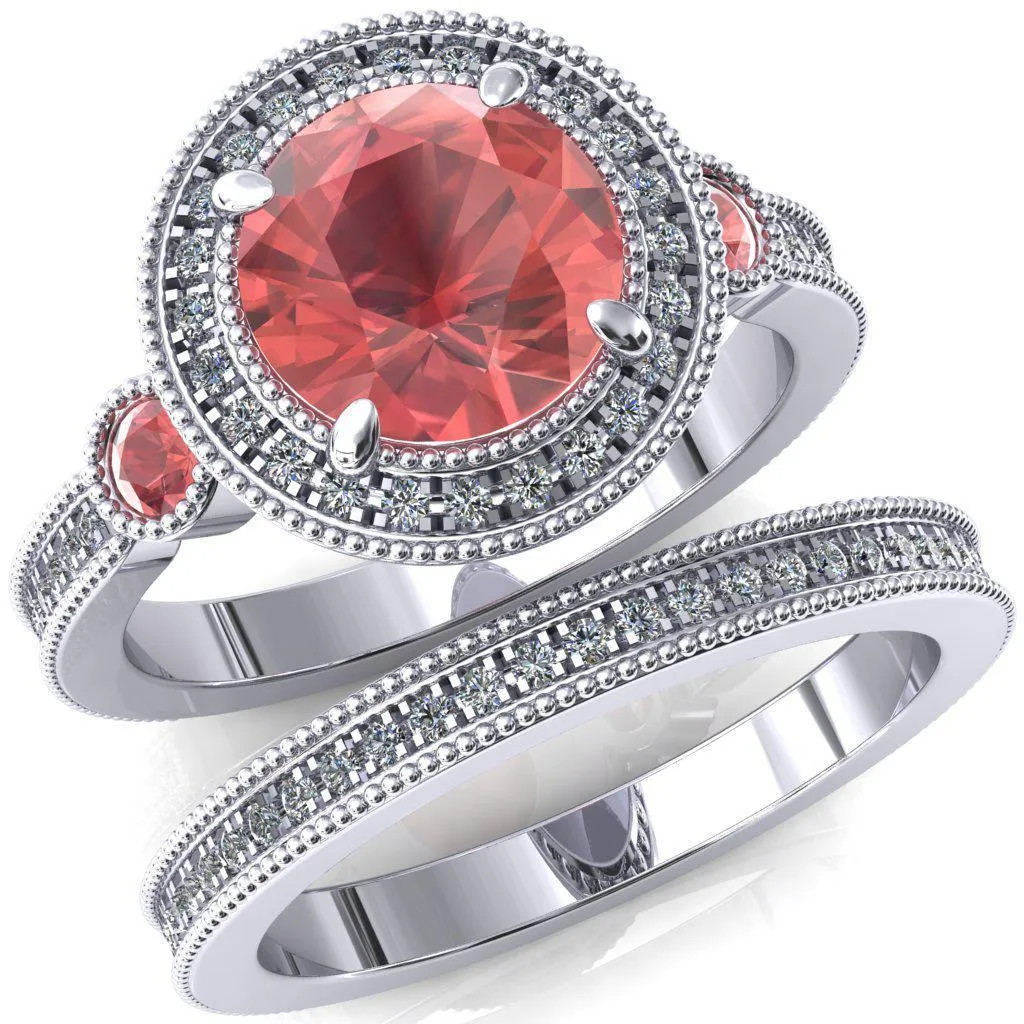 Brachium Round Padparadscha Sapphire Bezel Milgrain Halo 3/4 Eternity Accent Diamond Ring
