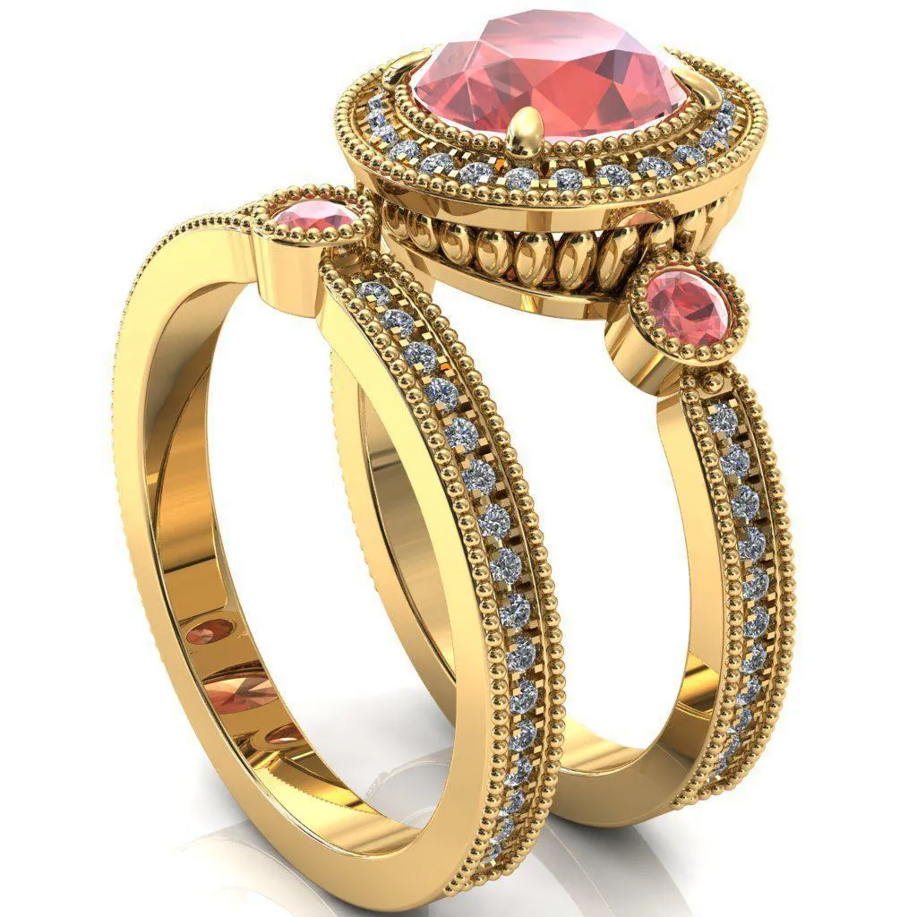 Brachium Round Padparadscha Sapphire Bezel Milgrain Halo 3/4 Eternity Accent Diamond Ring