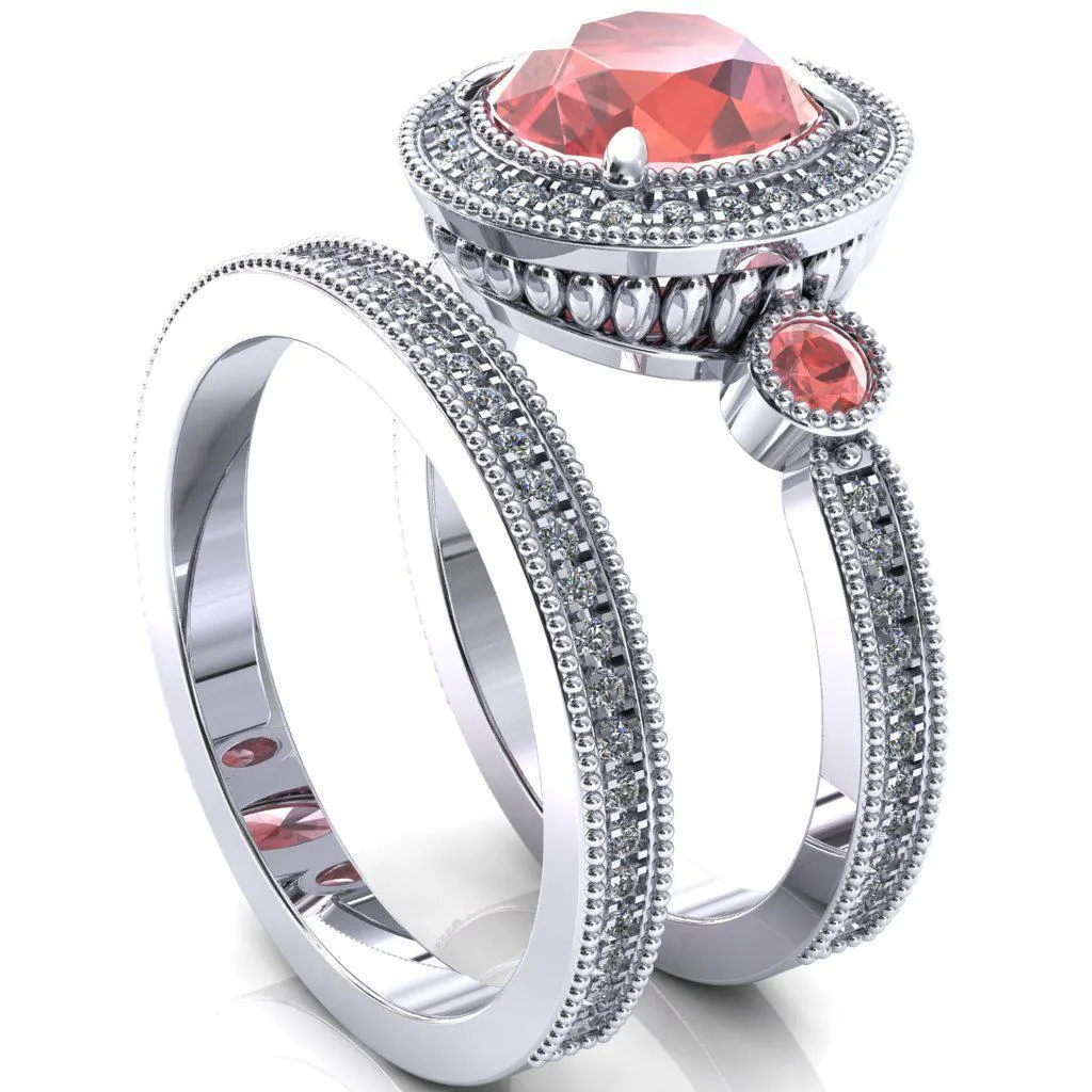 Brachium Round Padparadscha Sapphire Bezel Milgrain Halo 3/4 Eternity Accent Diamond Ring