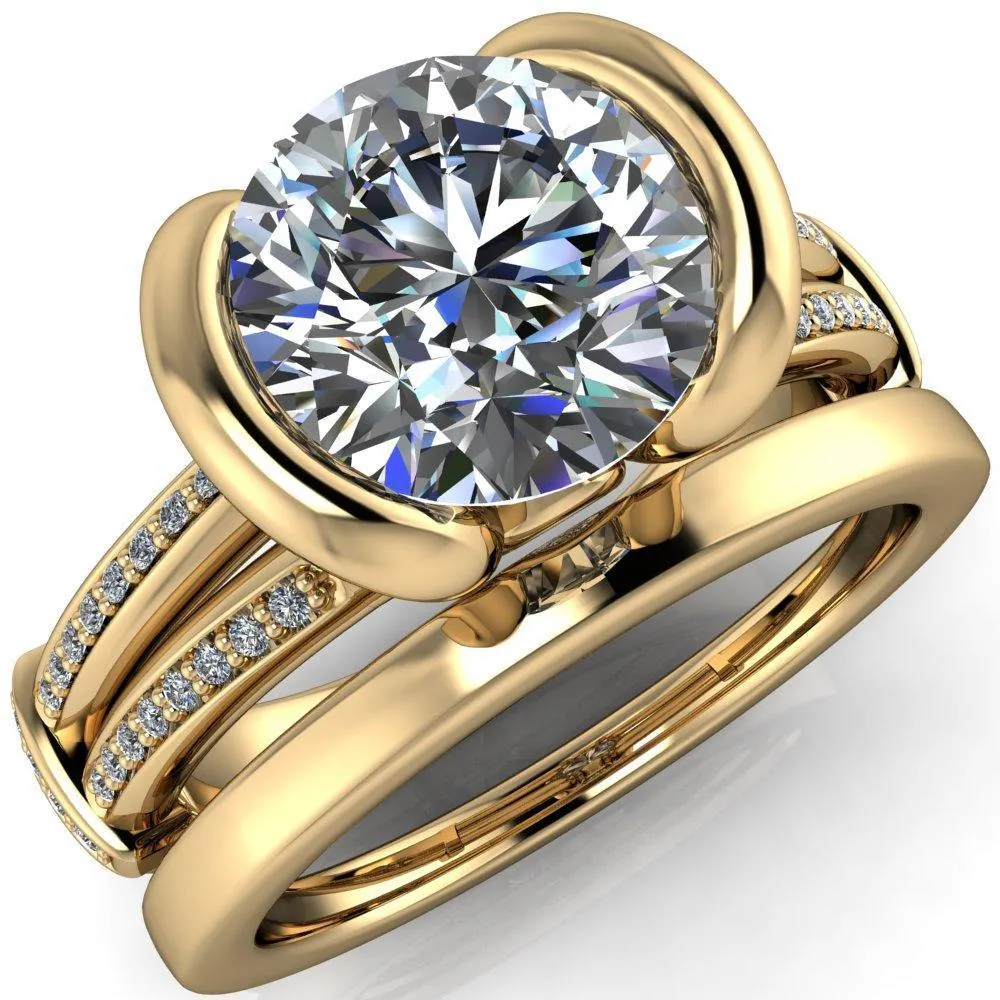 Brenn Round Center Stone Half Bezel Split Band Diamond Side Engagement Ring