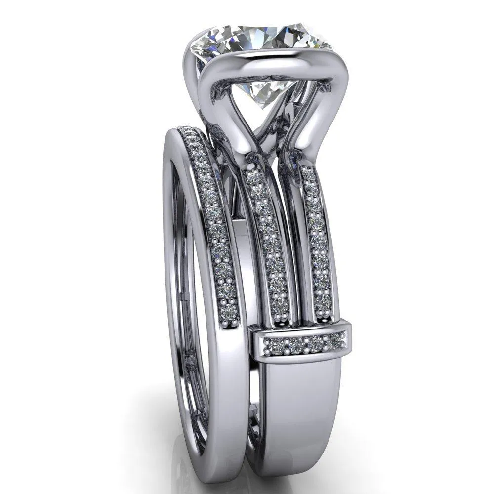 Brenn Round Center Stone Half Bezel Split Band Diamond Side Engagement Ring