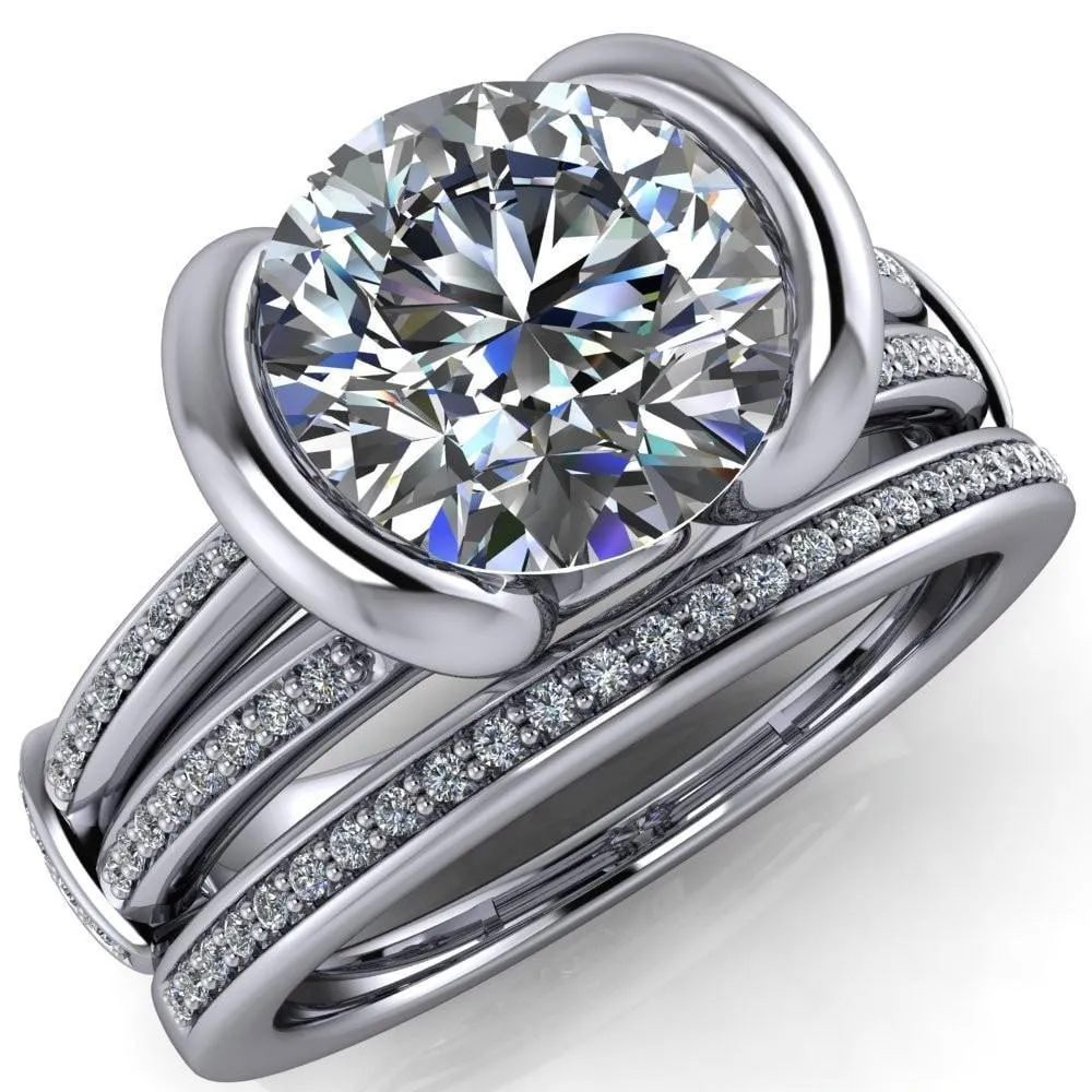 Brenn Round Center Stone Half Bezel Split Band Diamond Side Engagement Ring