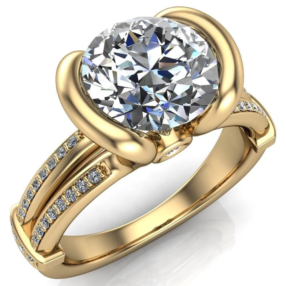 Brenn Round Center Stone Half Bezel Split Band Diamond Side Engagement Ring