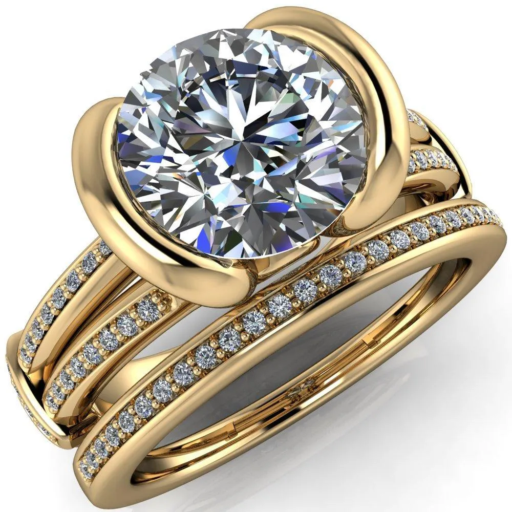 Brenn Round Center Stone Half Bezel Split Band Diamond Side Engagement Ring