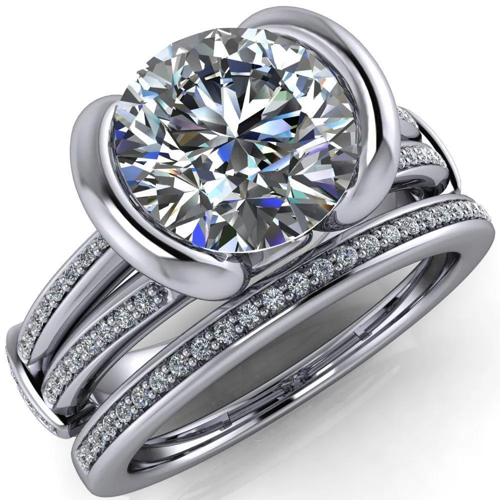 Brenn Round Center Stone Half Bezel Split Band Diamond Side Engagement Ring