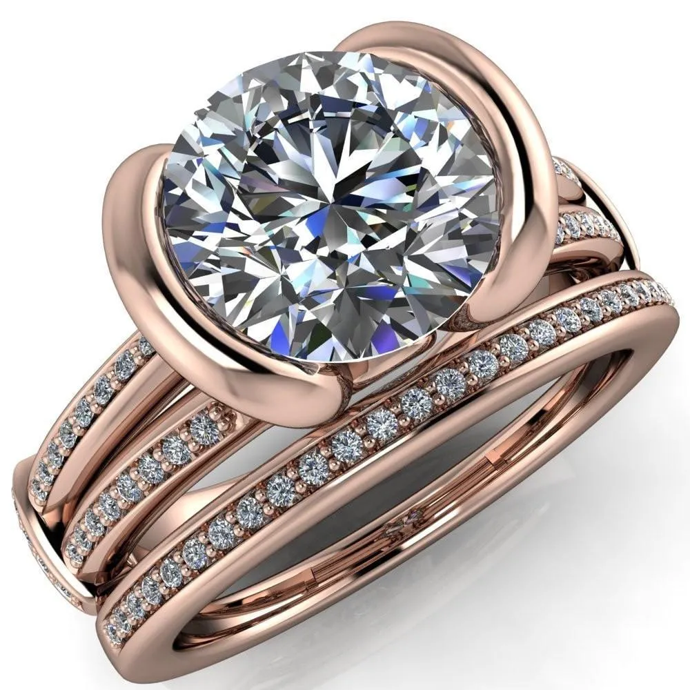 Brenn Round Center Stone Half Bezel Split Band Diamond Side Engagement Ring