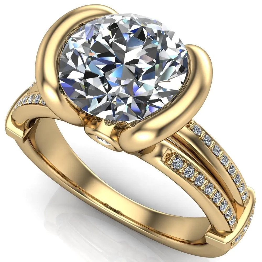 Brenn Round Center Stone Half Bezel Split Band Diamond Side Engagement Ring