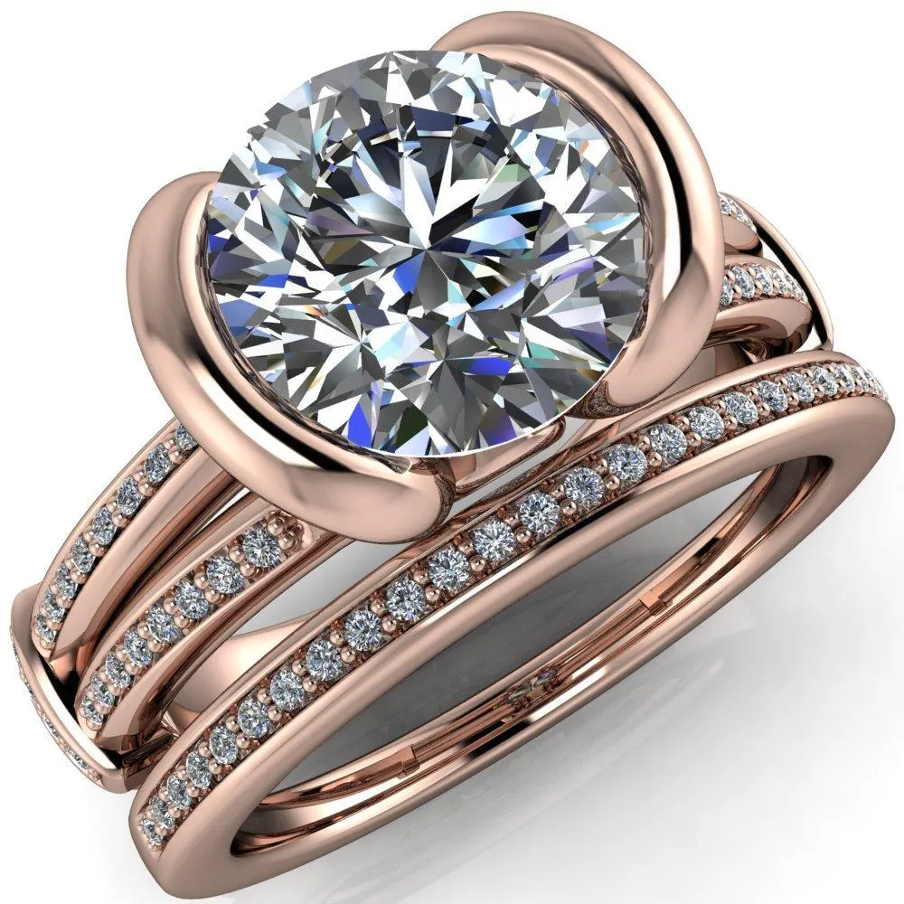 Brenn Round Center Stone Half Bezel Split Band Diamond Side Engagement Ring