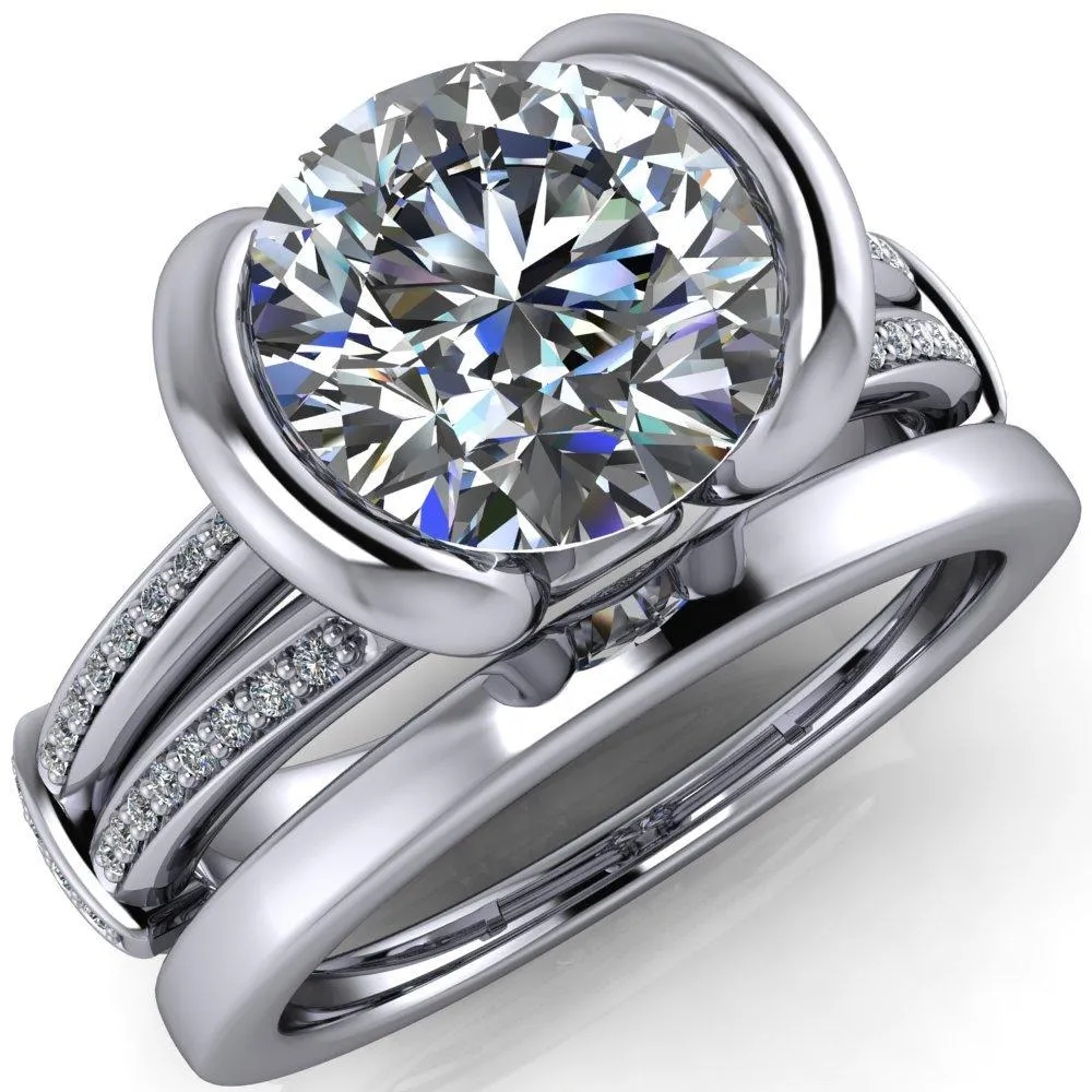 Brenn Round Center Stone Half Bezel Split Band Diamond Side Engagement Ring