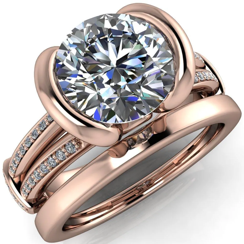 Brenn Round Center Stone Half Bezel Split Band Diamond Side Engagement Ring
