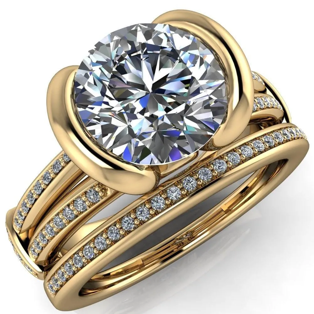 Brenn Round Center Stone Half Bezel Split Band Diamond Side Engagement Ring