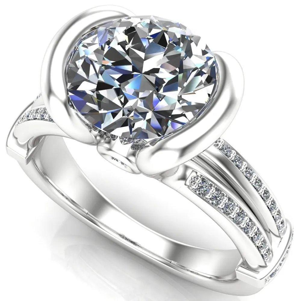 Brenn Round Center Stone Half Bezel Split Band Diamond Side Engagement Ring