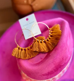 Brown Tassel Hoop Earrings