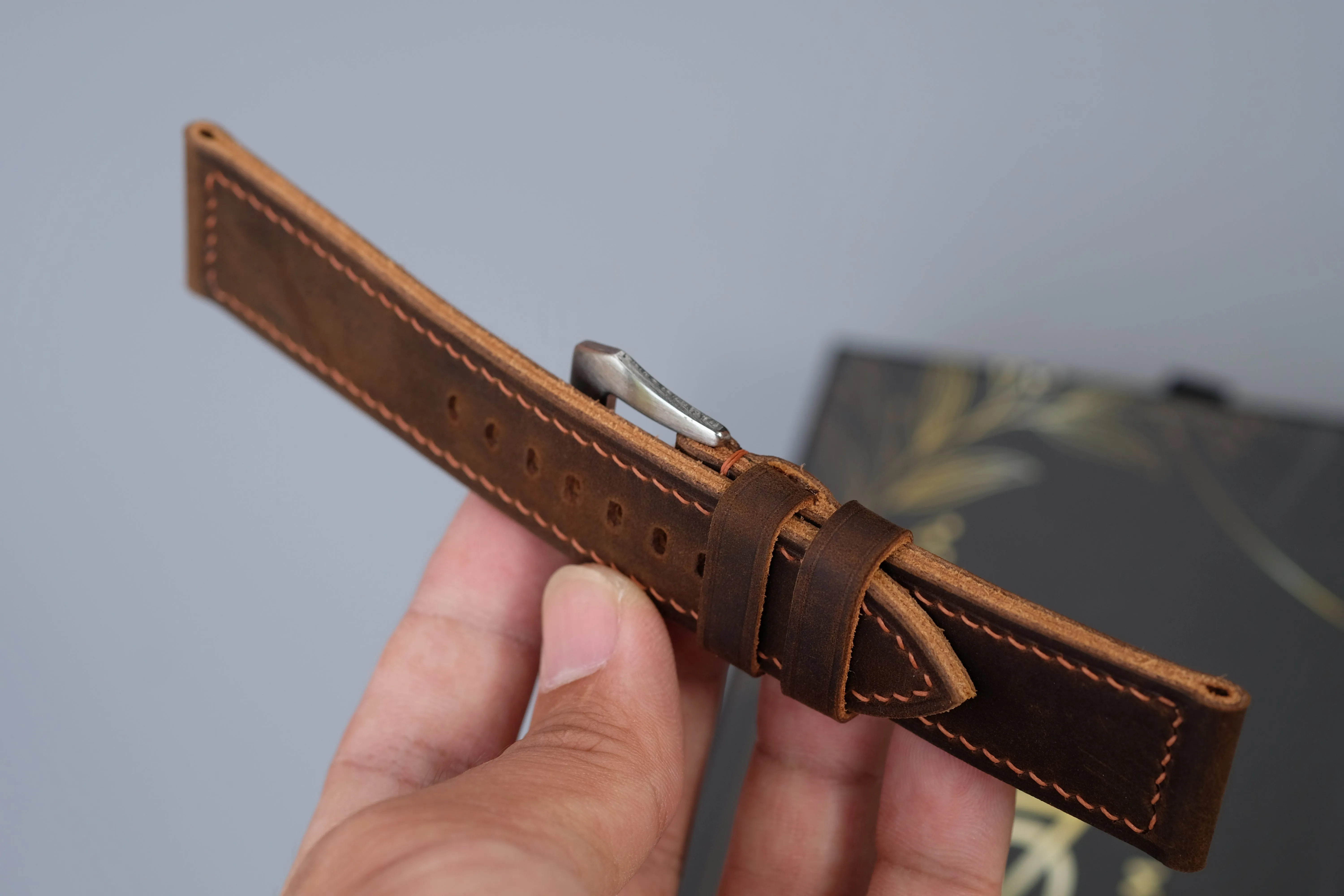 Brown Waxed Cowhide Leather Watch Strap – Handmade – Compatible with Panerai Watches