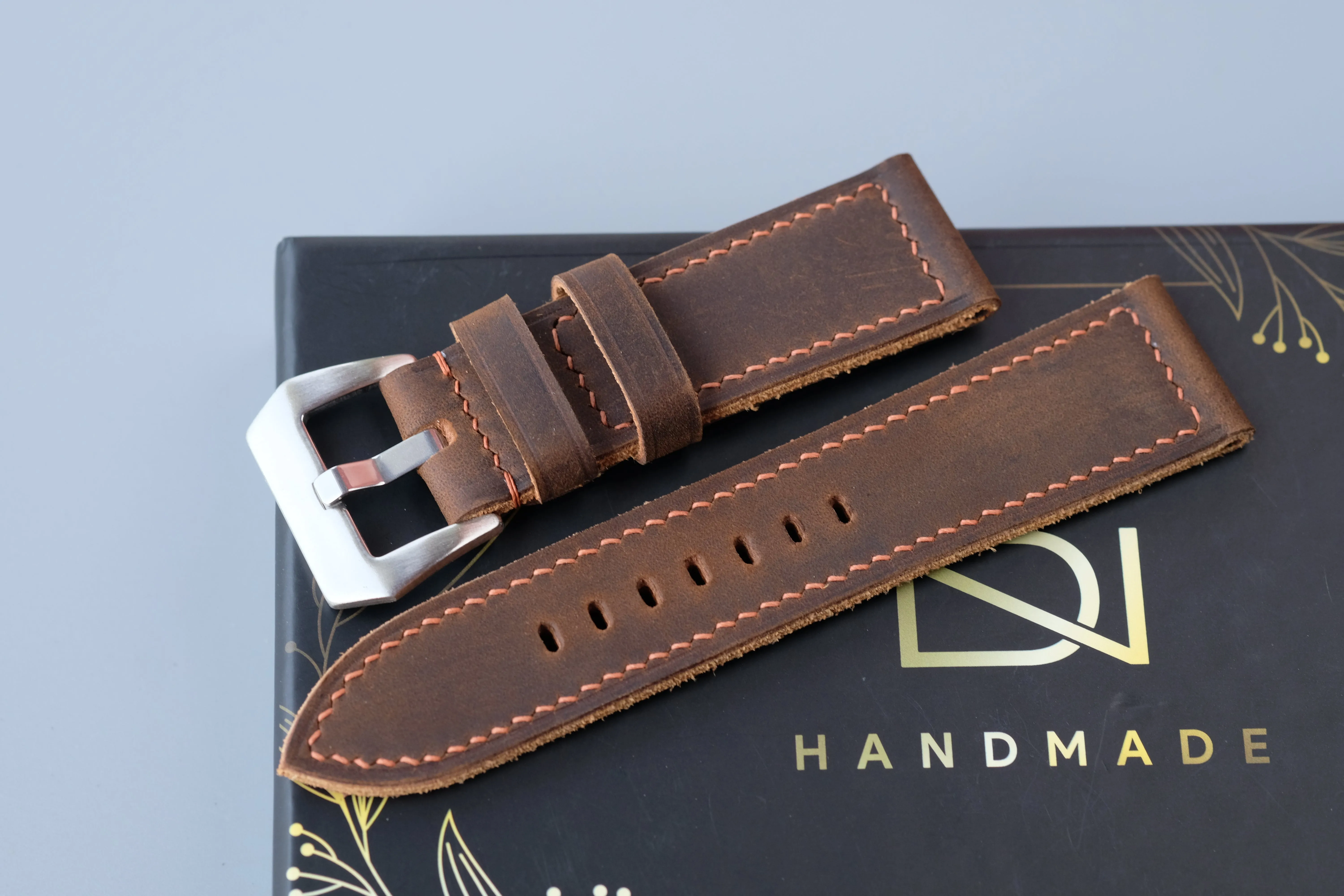 Brown Waxed Cowhide Leather Watch Strap – Handmade – Compatible with Panerai Watches