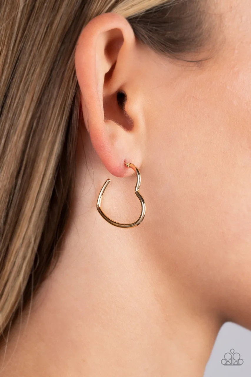 Burnished Beau - Gold - Heart-Shaped Paparazzi Small Hoop Earrings