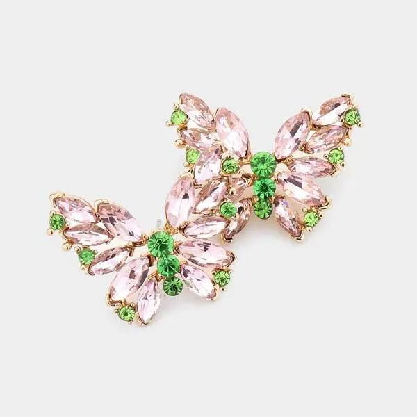 Butterfly Pink and Green Crystal Cluster Evening Earrings
