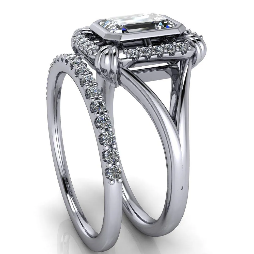 Caldwell Emerald Center Stone Bezel Set Diamond Halo Split Shank Engagement Ring