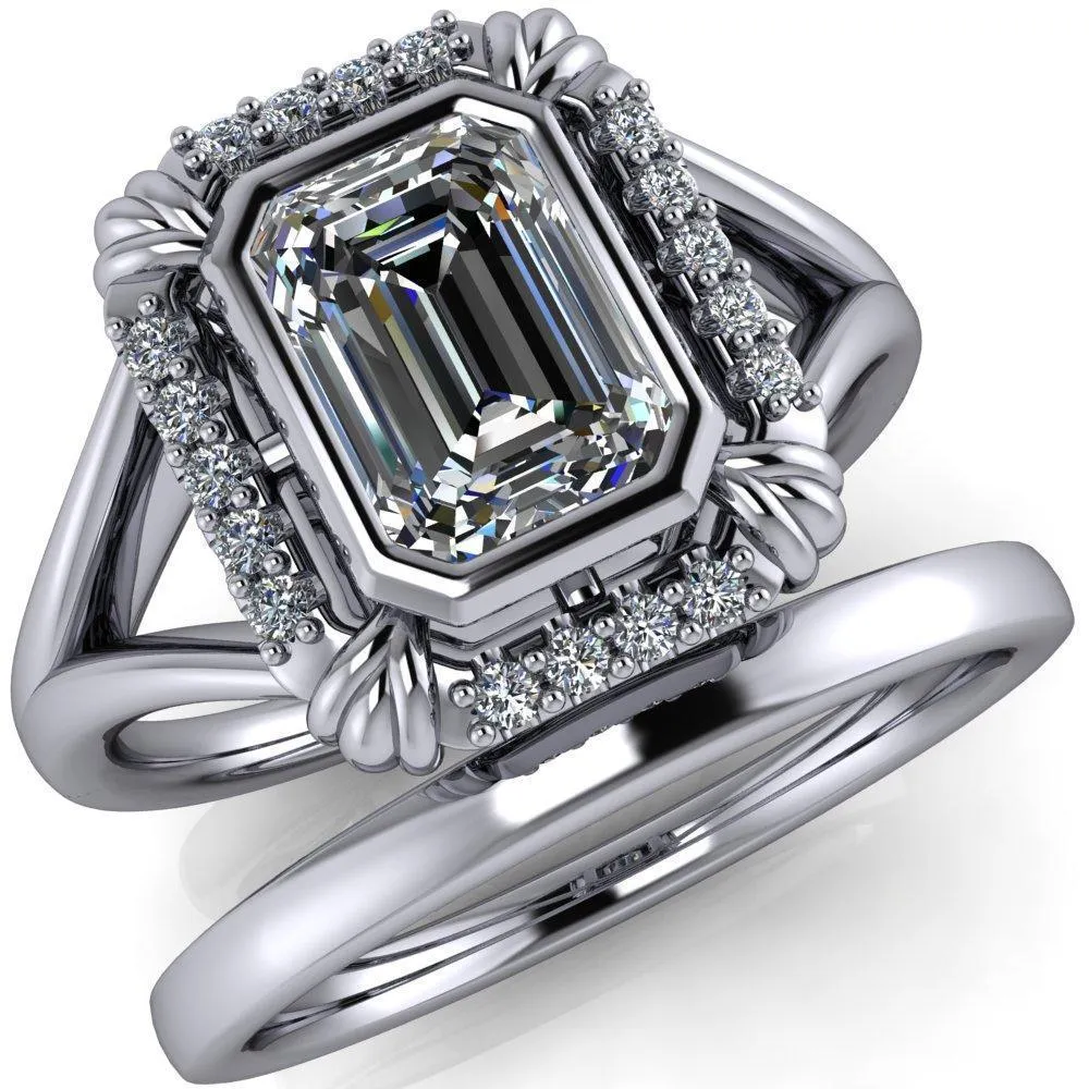 Caldwell Emerald Center Stone Bezel Set Diamond Halo Split Shank Engagement Ring