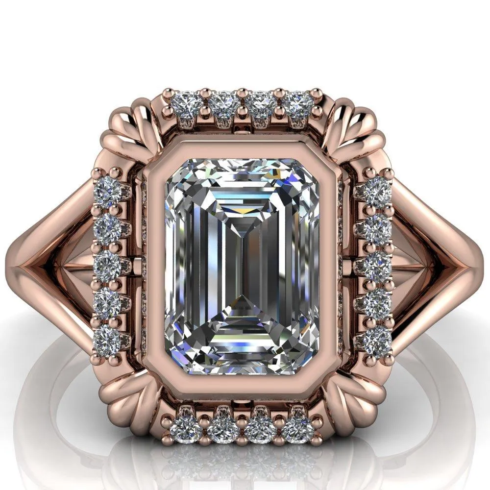 Caldwell Emerald Center Stone Bezel Set Diamond Halo Split Shank Engagement Ring