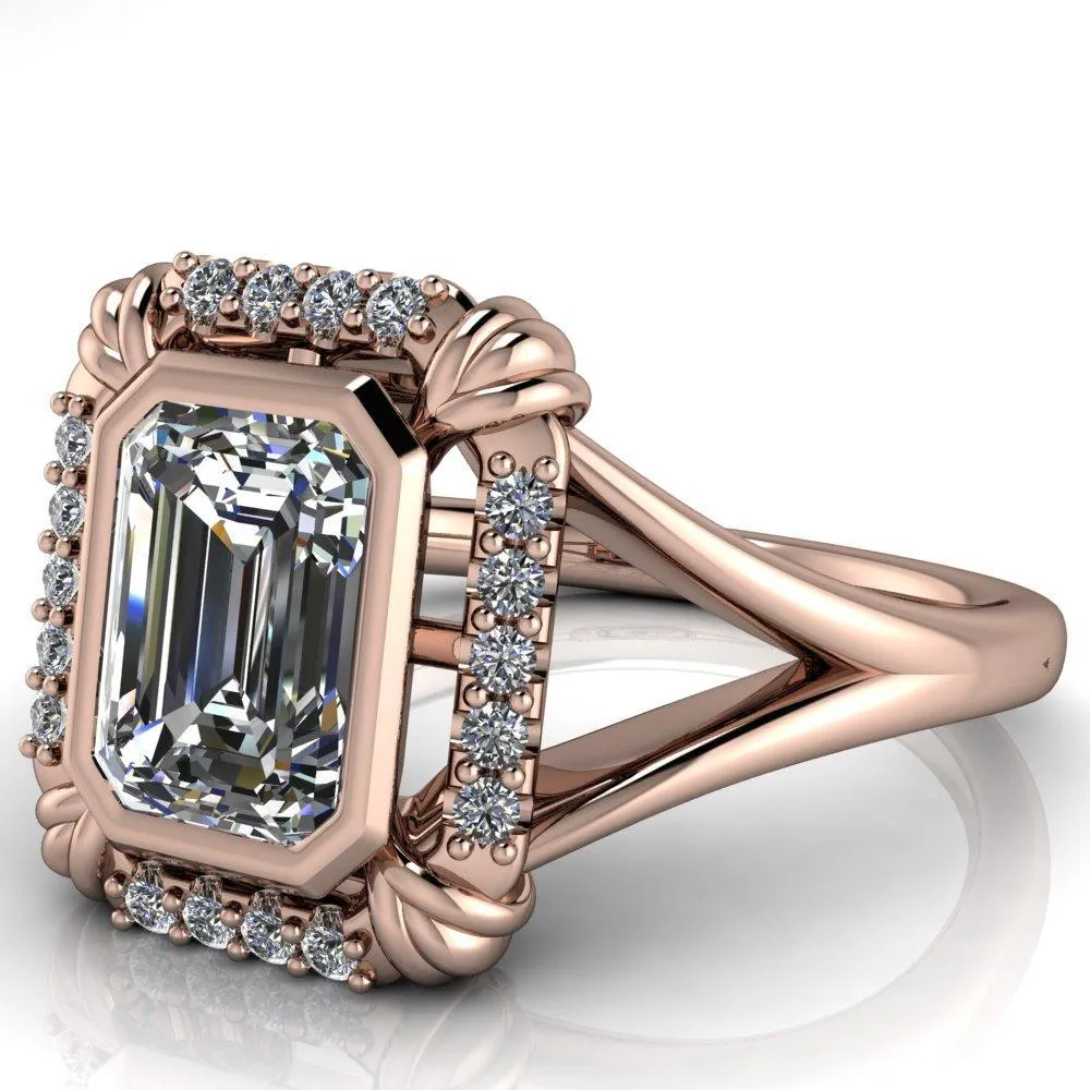 Caldwell Emerald Center Stone Bezel Set Diamond Halo Split Shank Engagement Ring