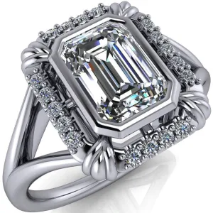 Caldwell Emerald Center Stone Bezel Set Diamond Halo Split Shank Engagement Ring
