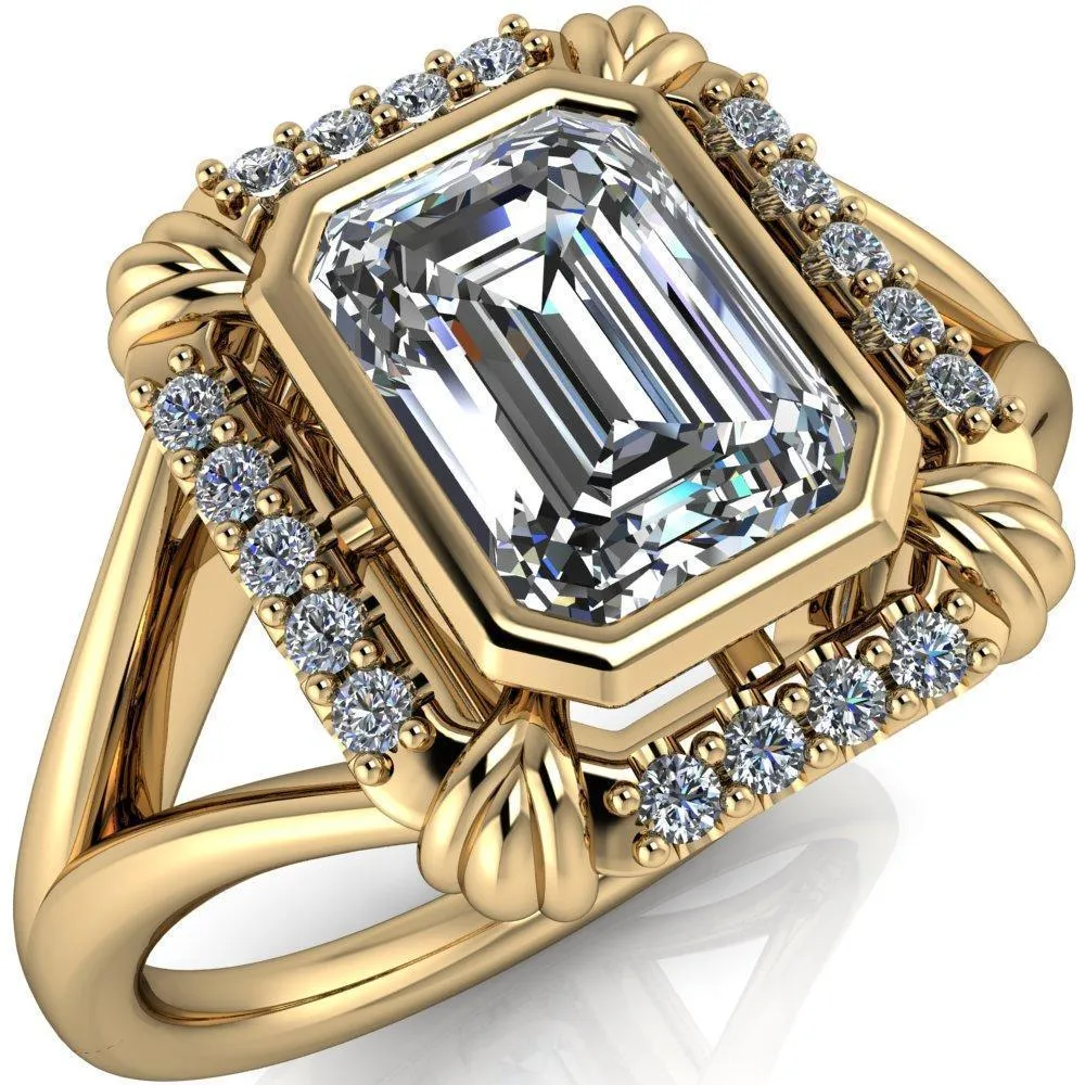 Caldwell Emerald Center Stone Bezel Set Diamond Halo Split Shank Engagement Ring
