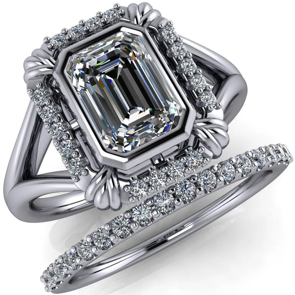 Caldwell Emerald Center Stone Bezel Set Diamond Halo Split Shank Engagement Ring