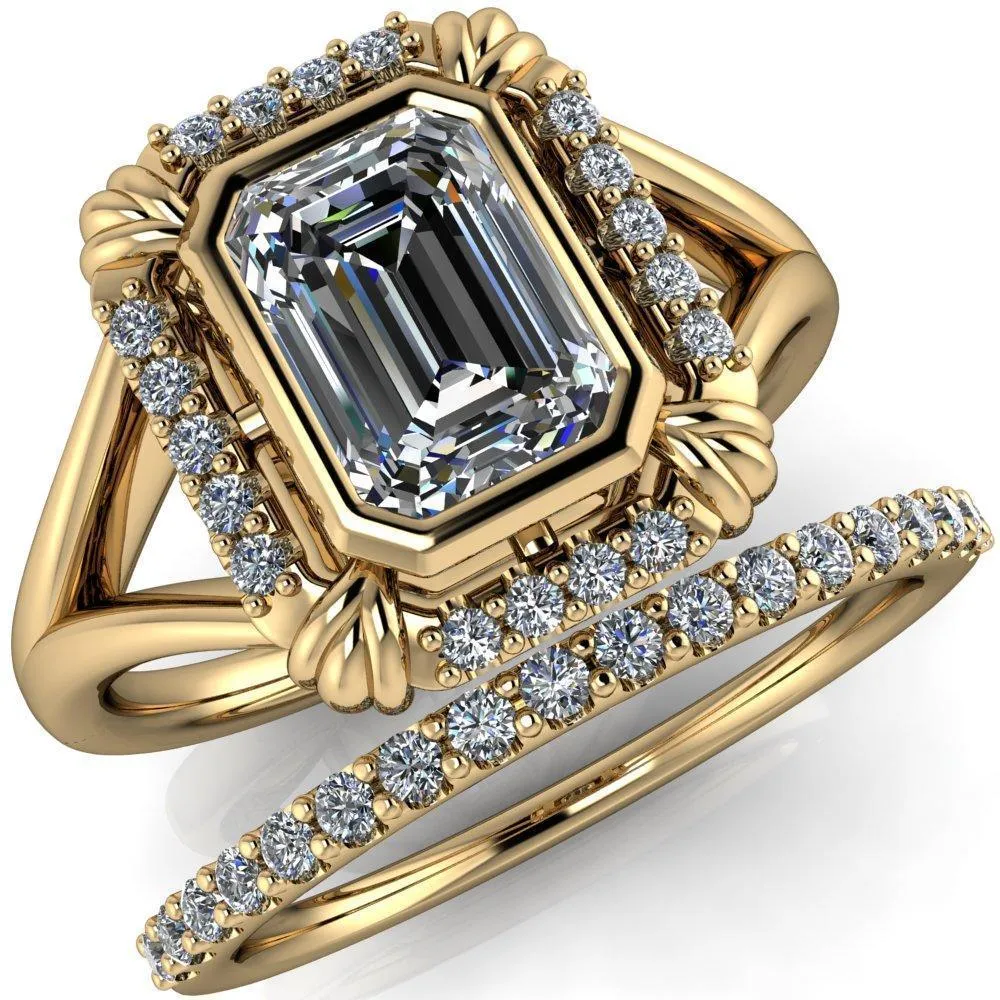 Caldwell Emerald Center Stone Bezel Set Diamond Halo Split Shank Engagement Ring