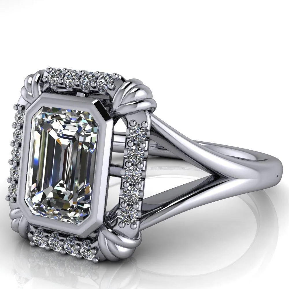 Caldwell Emerald Center Stone Bezel Set Diamond Halo Split Shank Engagement Ring