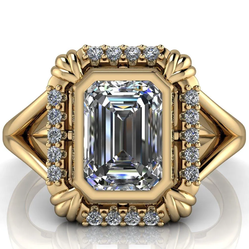 Caldwell Emerald Center Stone Bezel Set Diamond Halo Split Shank Engagement Ring