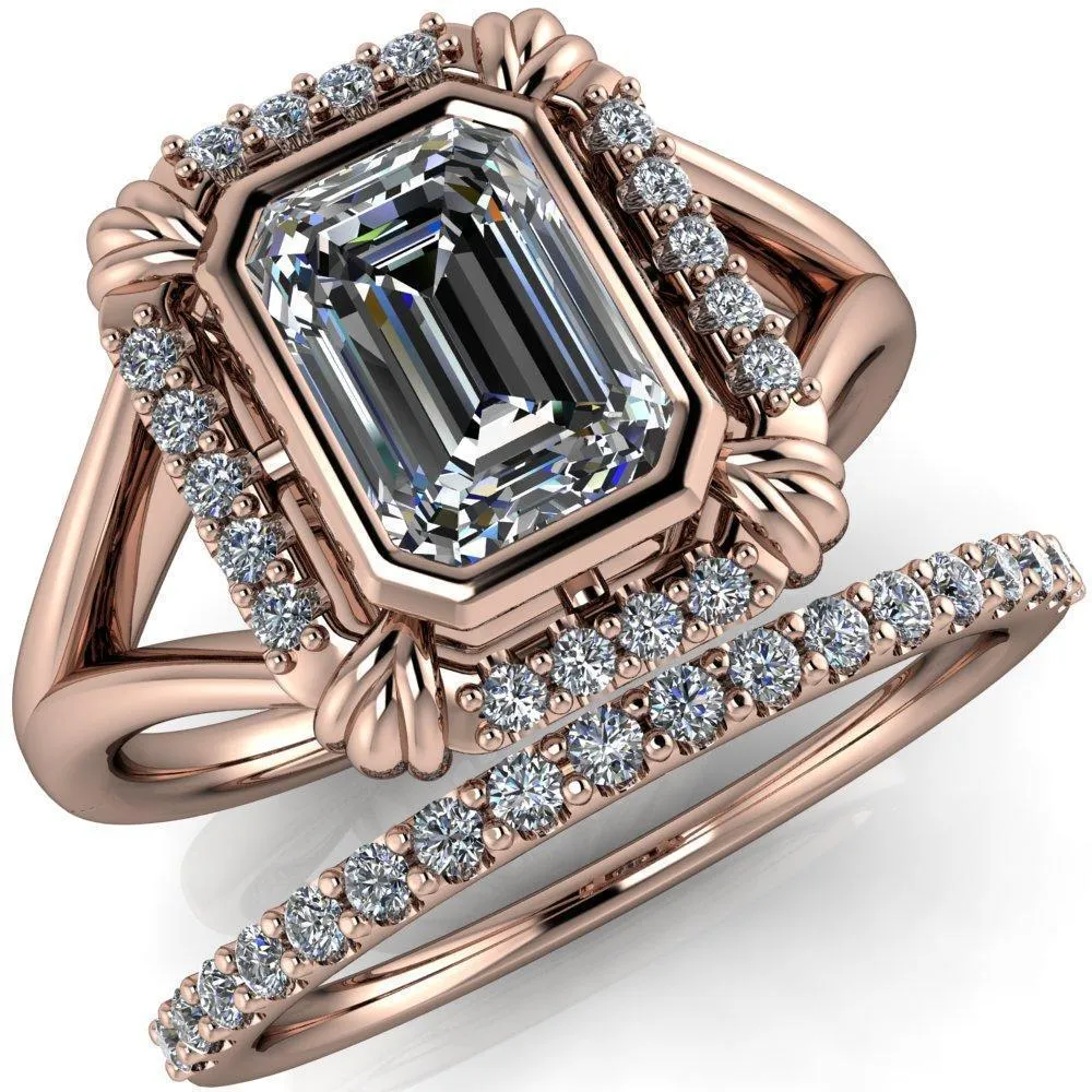 Caldwell Emerald Center Stone Bezel Set Diamond Halo Split Shank Engagement Ring