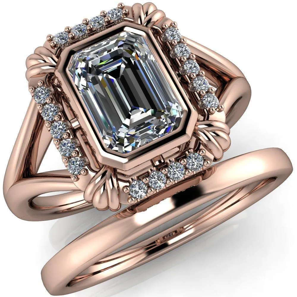 Caldwell Emerald Center Stone Bezel Set Diamond Halo Split Shank Engagement Ring
